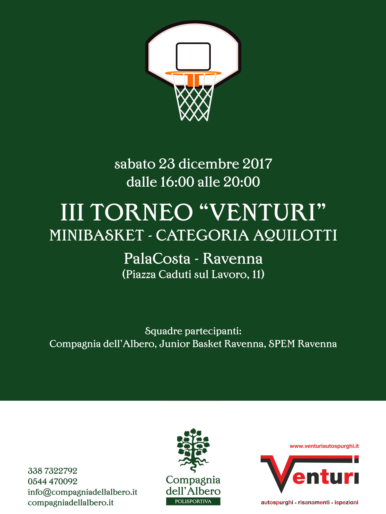 Il 23 dicembre il 3° Torneo Venturi: al Pala Costa un triangolare di Minibasket tra Compagnia dell’Albero, Spem Ravenna e Junior Basket Ravenna.